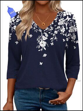 Soft V-Neck Tunic Top 3/4 Sleeve Loose Fit Blouse Business Casual